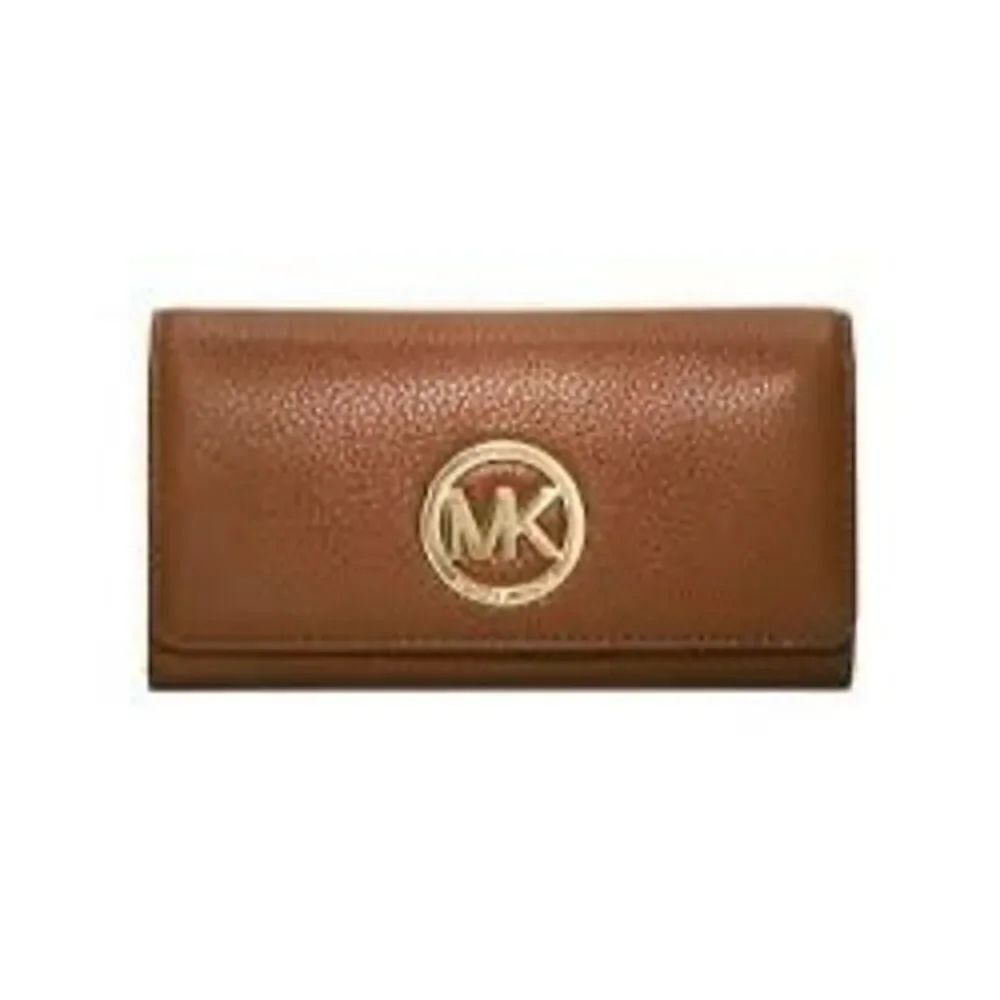 Michael Kors Fulton Carryall Leather Wallet Camel Brown Gold Hardware Classic